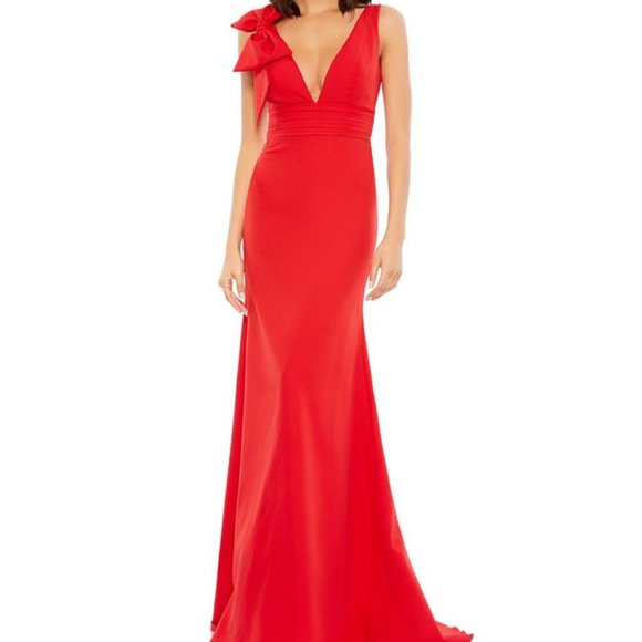NWT‎ MAC DUGGAL SLEEVELESS V-NECK BOW MERMAID LONG FORMAL GOWN RED 49454 SZ 4 - Picture 1 of 8
